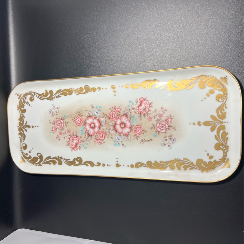 Vintage Tiche France Porcelain Serving Tray Made in France Hand Painted 22k Gold